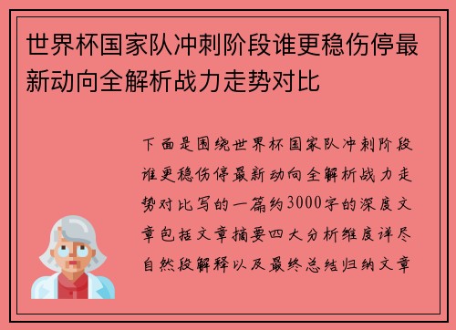 世界杯国家队冲刺阶段谁更稳伤停最新动向全解析战力走势对比