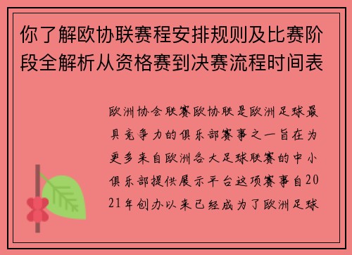 你了解欧协联赛程安排规则及比赛阶段全解析从资格赛到决赛流程时间表详解