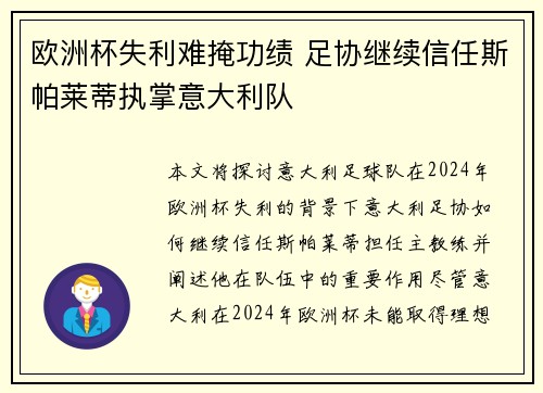欧洲杯失利难掩功绩 足协继续信任斯帕莱蒂执掌意大利队